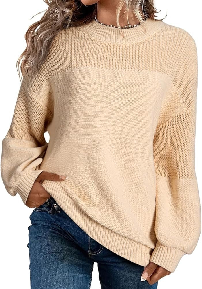 Solid Color Lantern Sleeve Pullover Round Neck Sweater