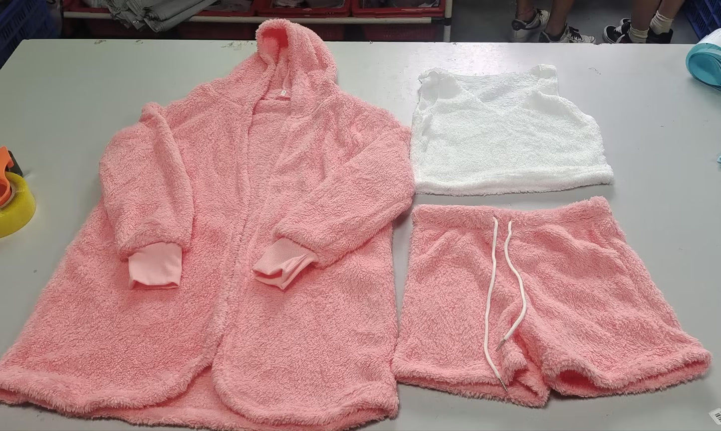3pcs Velvet Pajama Set for Women – Long Sleeve Crop Top, Drawstring Shorts & Tank Vest Sleepwear | Infinity Bazaar
