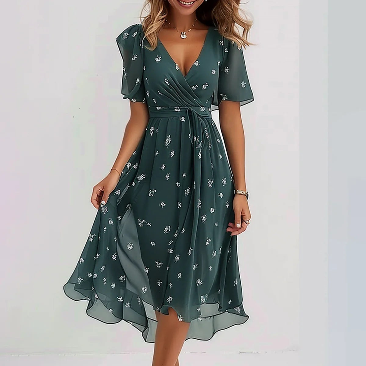 Women’s Chiffon Printed V-Neck Summer Dress – Elegant Two-Piece Set | Infinity Bazaar