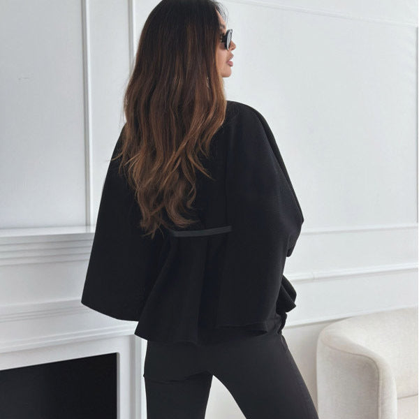 Collar Batwing Sleeves Cloak Top With Belt - Sweater Outwear For Women Clothing