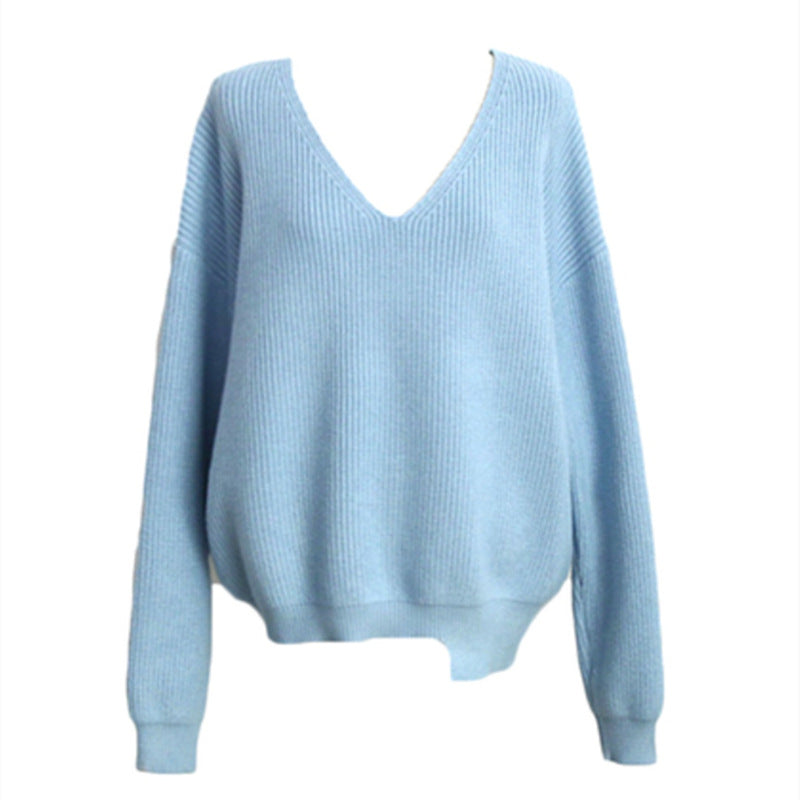 Women's V-neck Loose And Lazy Style Simple And Irregular Sweater