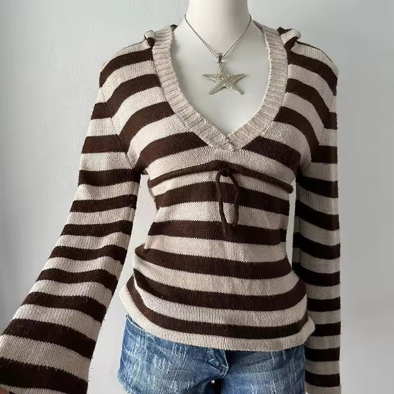 Women's V-neck Stripes Pullover Sweater