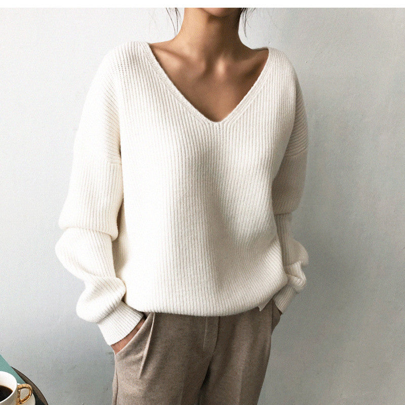 Women's V-neck Loose And Lazy Style Simple And Irregular Sweater