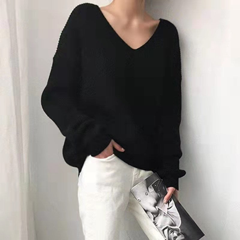 Women's V-neck Loose And Lazy Style Simple And Irregular Sweater
