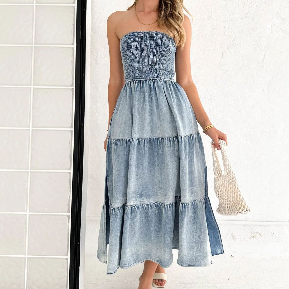 Women's Summer Elegance Hem Stitching Side Cake Denim Long Skirts
