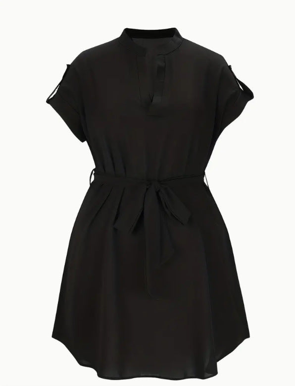 Women’s V-Neck Short Sleeve Summer Dress with Belt and Bowknot | Infinity Bazaa
