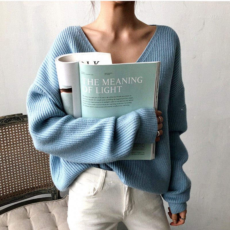 Women's V-neck Loose And Lazy Style Simple And Irregular Sweater
