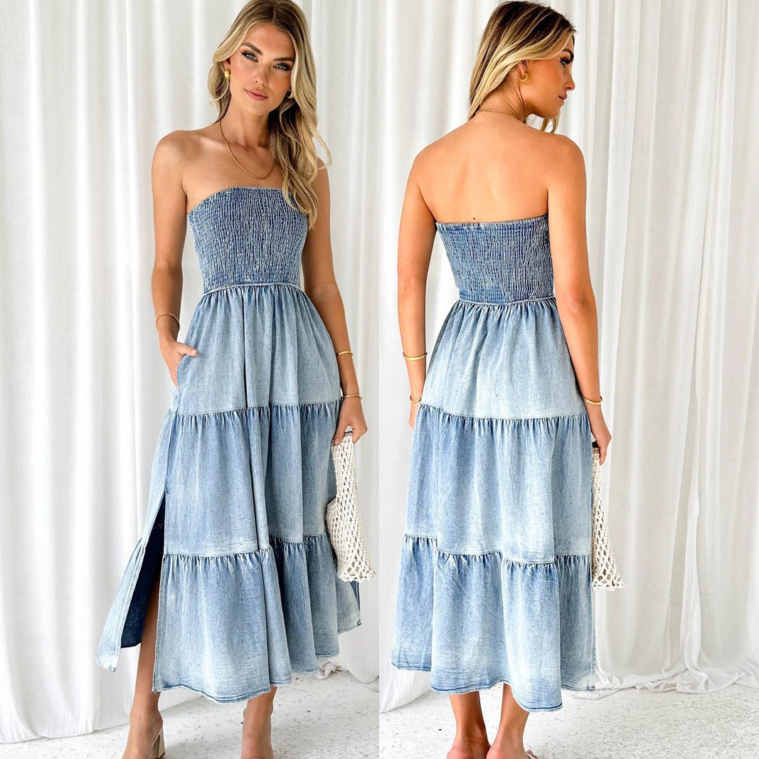 Women's Summer Elegance Hem Stitching Side Cake Denim Long Skirts