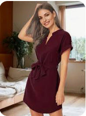 Women’s V-Neck Short Sleeve Summer Dress with Belt and Bowknot | Infinity Bazaa