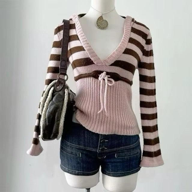 Women's V-neck Stripes Pullover Sweater