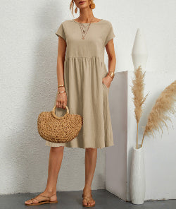 Women's Cotton A-Line Dress – Round Neck Casual Skirt Dress | Infinity Bazaar