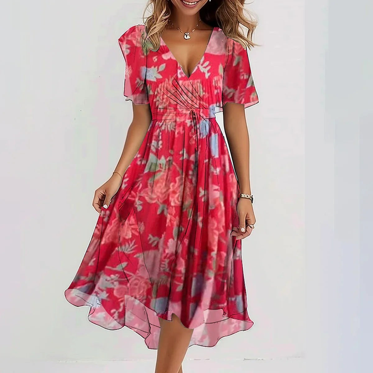 Women’s Chiffon Printed V-Neck Summer Dress – Elegant Two-Piece Set | Infinity Bazaar