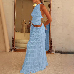 2-Piece Women’s Halter Top & Pleated Skirt Set – Backless Beach Dress Outfit | Infinity Bazaar