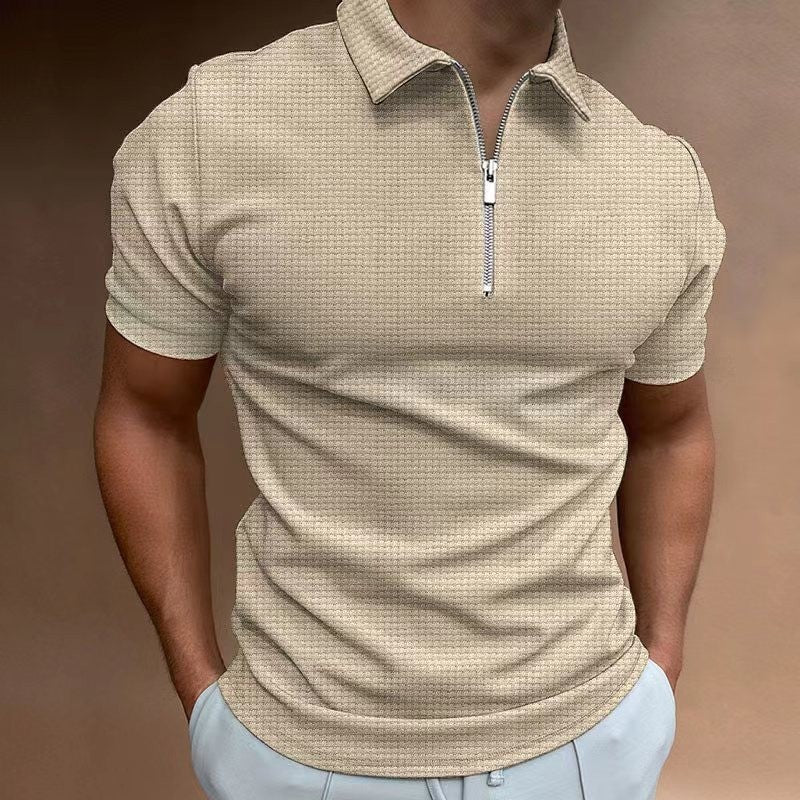 Summer Casual Slim Short Sleeve Zipper Stripe Lapel