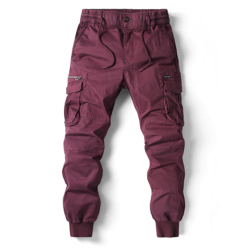 Solid Color Skinny Pants Multi-pocket Men's Working Pants