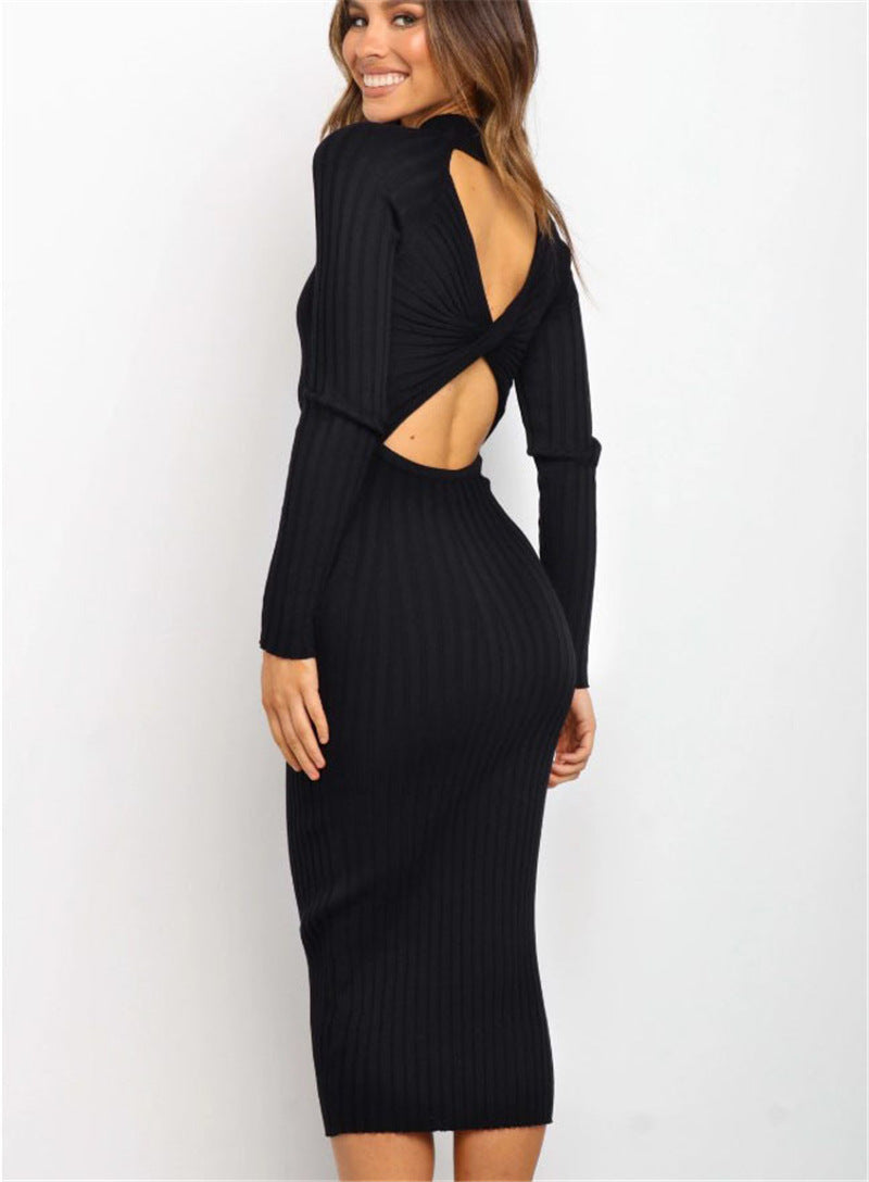 Women’s Backless Form-Fitting Sweater Dress – Long Sleeve One-Step Skirt | Infinity Bazaar