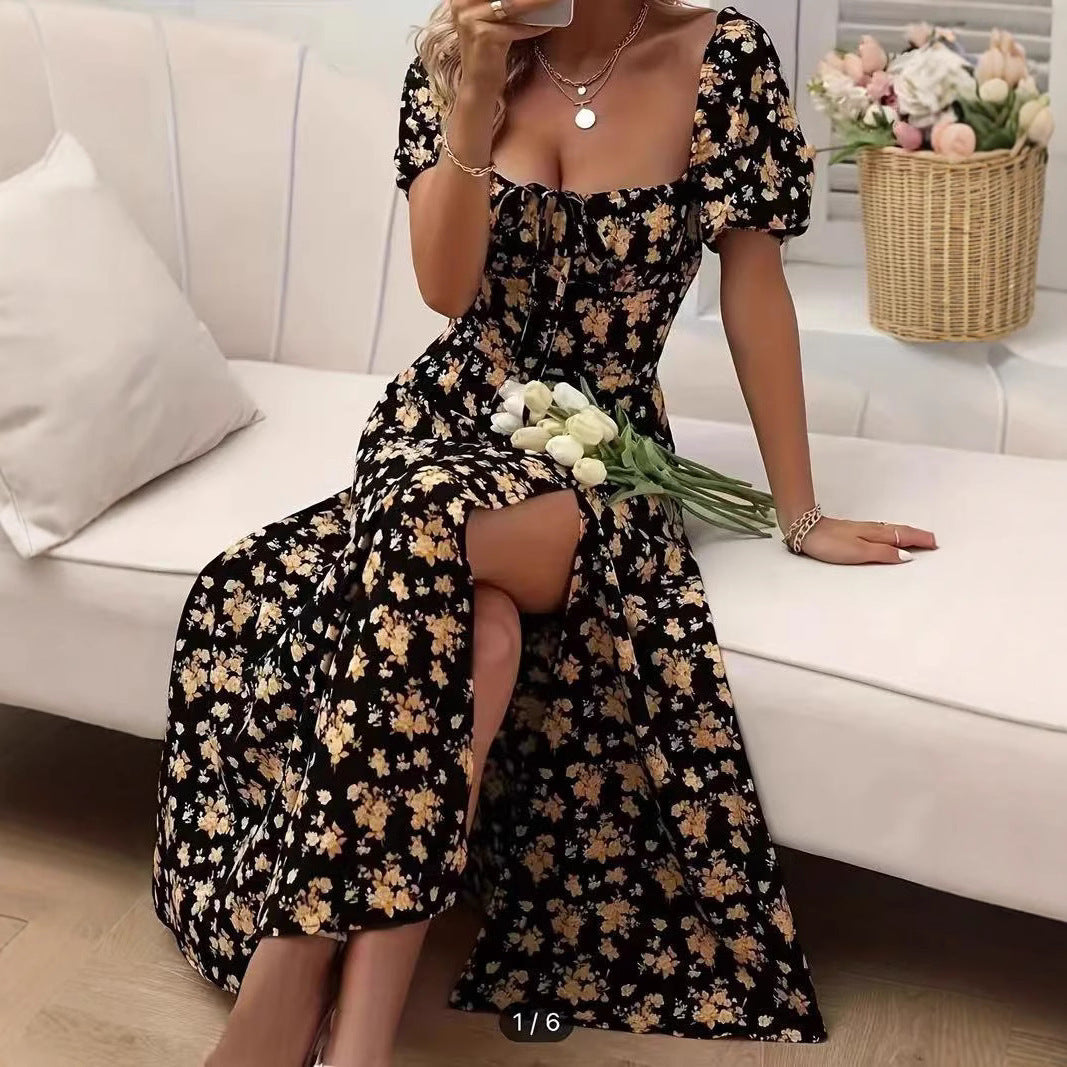 Women’s Floral Print Short Sleeve Split Long Summer Dress | Infinity Bazaar