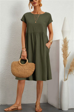 Women's Cotton A-Line Dress – Round Neck Casual Skirt Dress | Infinity Bazaar