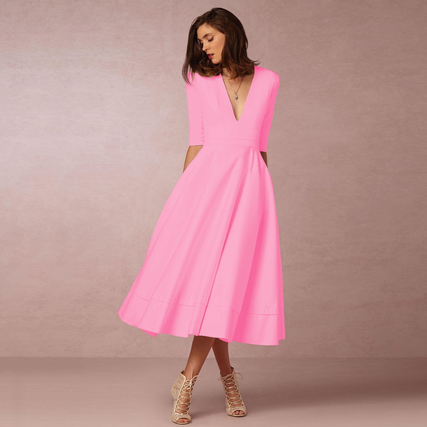 Women’s Retro 60s V-Neck Swing Dress with Mid Sleeves and Zipper | Infinity Bazaar