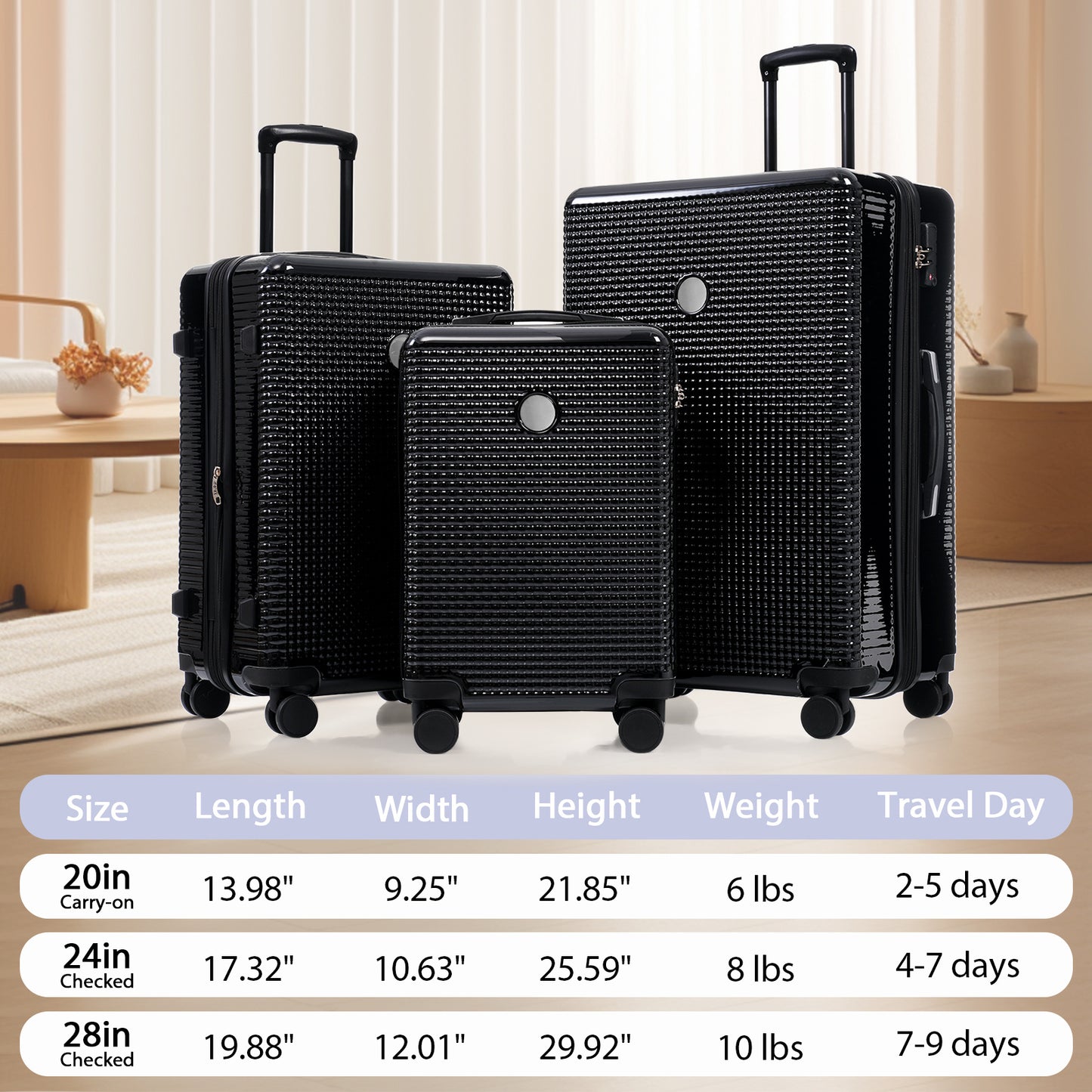 3-Piece Hard Shell Luggage Set – Lightweight Expandable ABS+PC Suitcases with TSA Lock, Carry-On & Checked Luggage (20”/24”/28”) | Infinity Bazaar