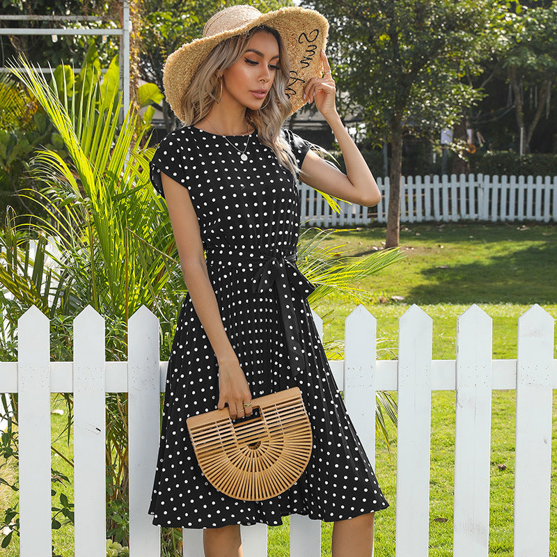 Women’s Summer Polka Dot Pleated Midi Dress – Short Sleeve Button-Down Style | Infinity Bazaar