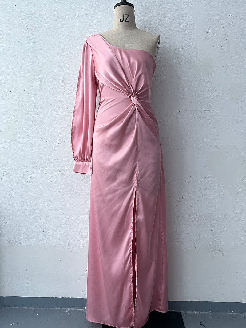 One-Shoulder Split Party Dress – Long-Sleeved Slim Fit | Infinity Bazaar