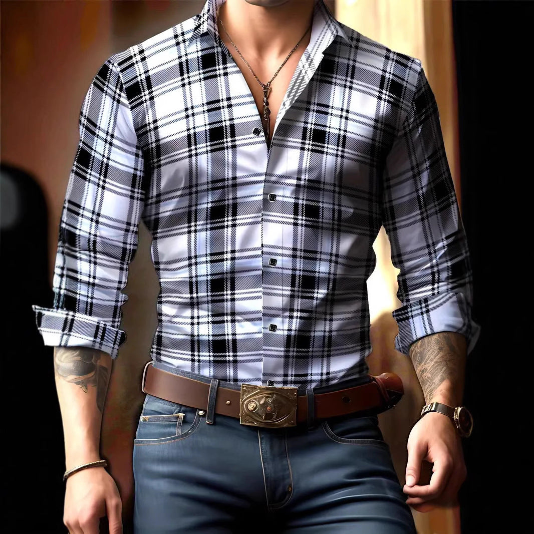 Breathable Casual Versatile Lattice Men's Long Sleeve Shirt