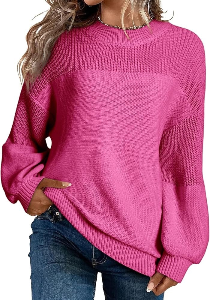 Solid Color Lantern Sleeve Pullover Round Neck Sweater