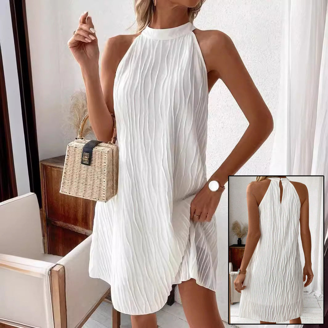 Halter Backless Pure Color Sun Dress – Sleeveless Mid-Length Dress for Women | Infinity Bazaar
