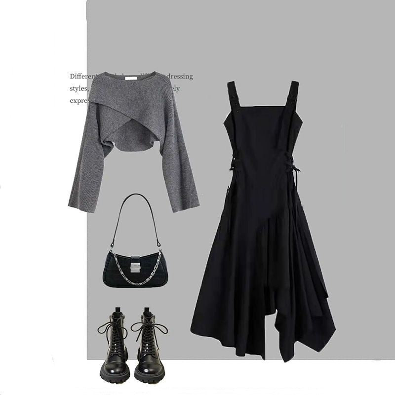 Gray Sweater Dress Two-Piece Set – Korean Style Elegant Outfit for Women | Infinity Bazaar