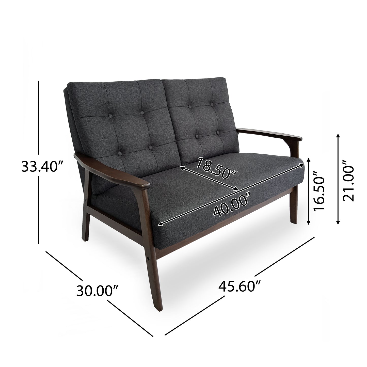 2-Person Sofa in Charcoal Gray – Button-Tufted Fabric Loveseat with Walnut Wood Legs | Infinity Bazaar