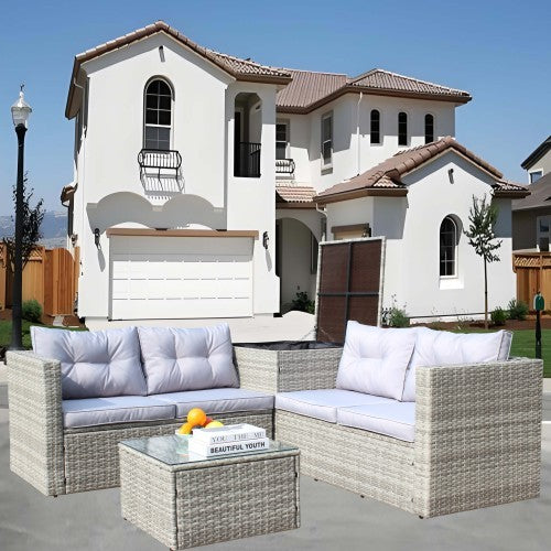 4-Piece Patio Sectional Wicker Rattan Outdoor Furniture Sofa Set with Storage Box – Grey | Infinity Bazaar