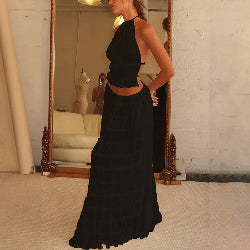 2-Piece Women’s Halter Top & Pleated Skirt Set – Backless Beach Dress Outfit | Infinity Bazaar