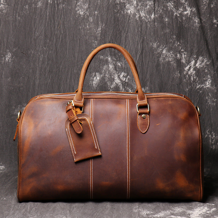 Mens Leather Hand Travel One Shoulder Crossbody Duffel Bag