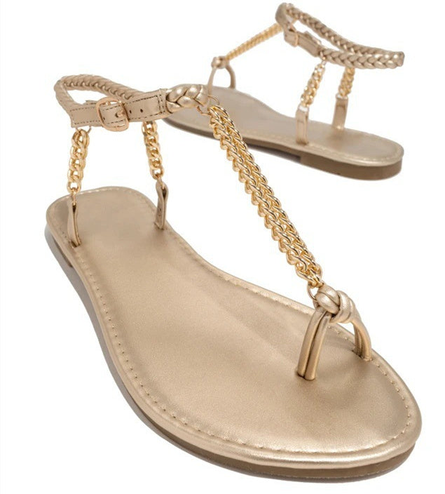 Round Toe Flat Metal Chain Women's Beach Sandals