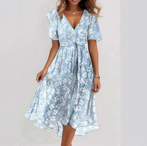 Women’s Chiffon Printed V-Neck Summer Dress – Elegant Two-Piece Set | Infinity Bazaar