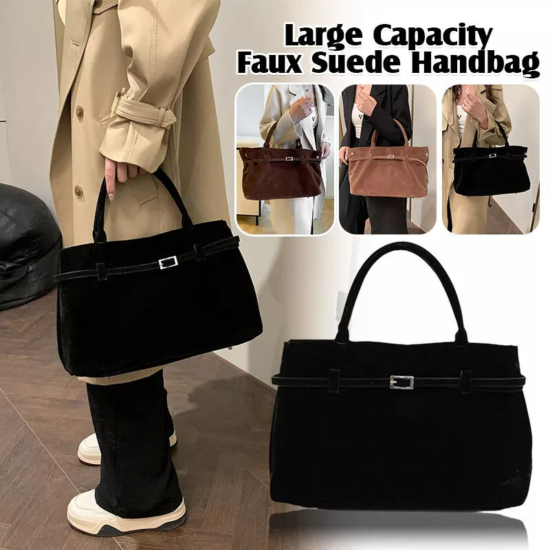 Women's Solid Faux Suede Large Capacity Casual Tote Bags