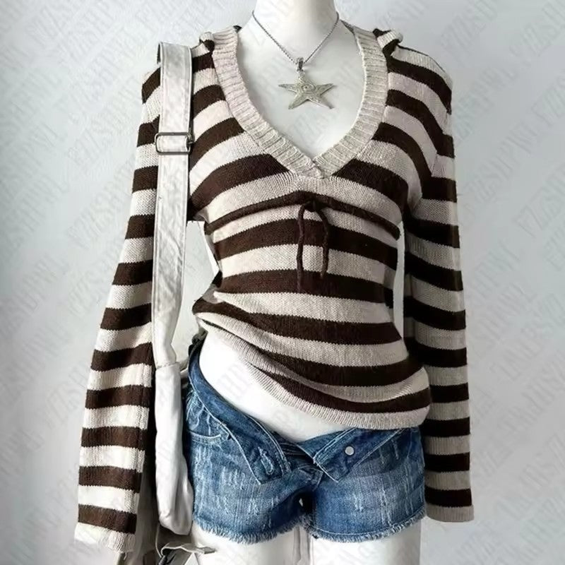 Women's V-neck Stripes Pullover Sweater