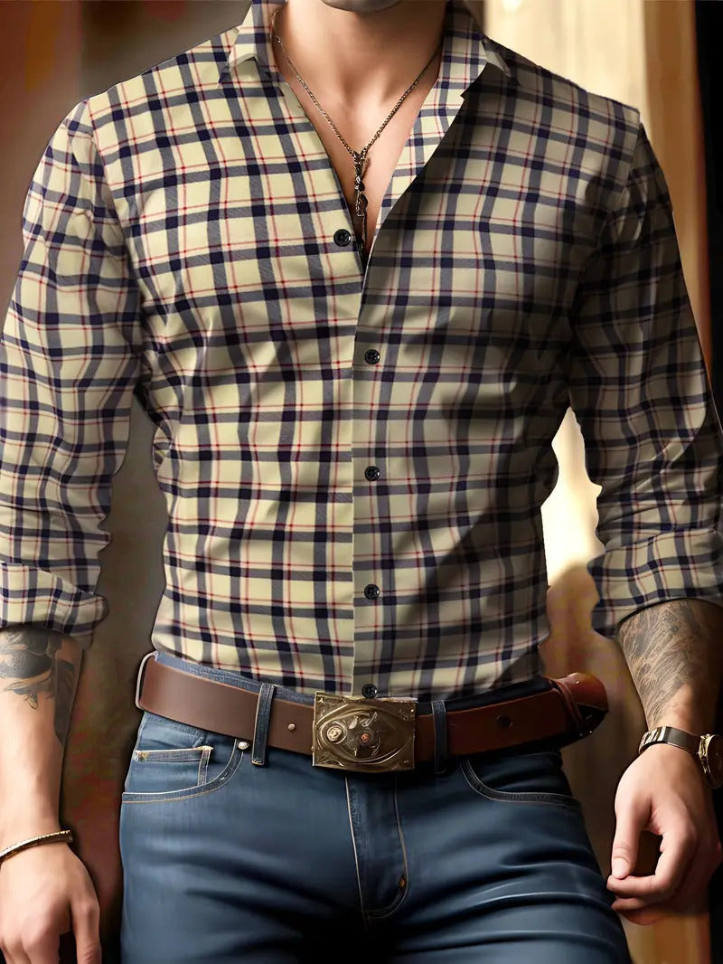 Breathable Casual Versatile Lattice Men's Long Sleeve Shirt