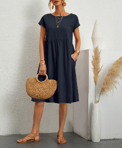 Women's Cotton A-Line Dress – Round Neck Casual Skirt Dress | Infinity Bazaar