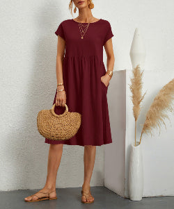 Women's Cotton A-Line Dress – Round Neck Casual Skirt Dress | Infinity Bazaar