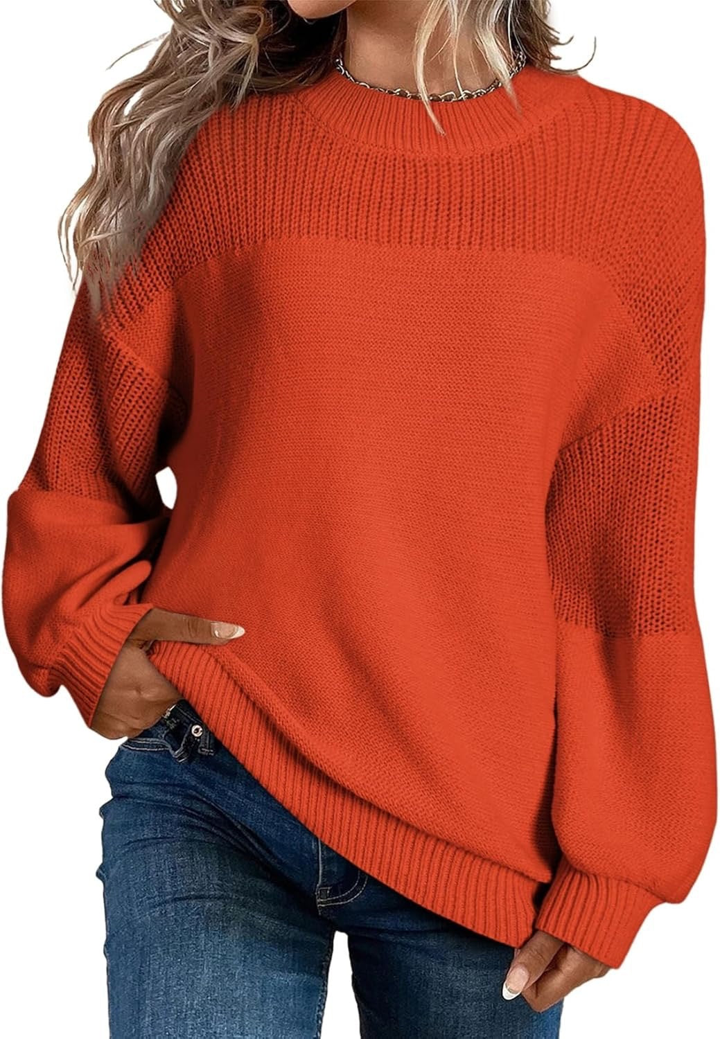 Solid Color Lantern Sleeve Pullover Round Neck Sweater