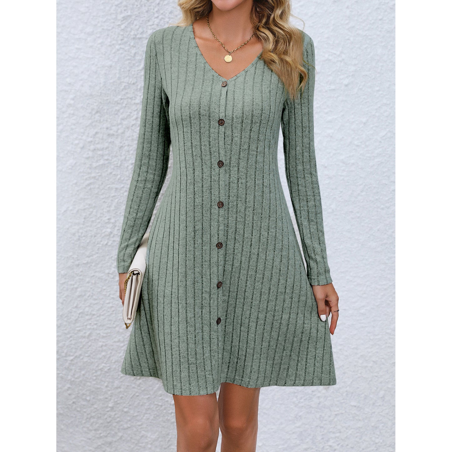 Women’s V-Neck Long Sleeve Slim Fit Dress with Buttoned Waist | Infinity Bazaar
