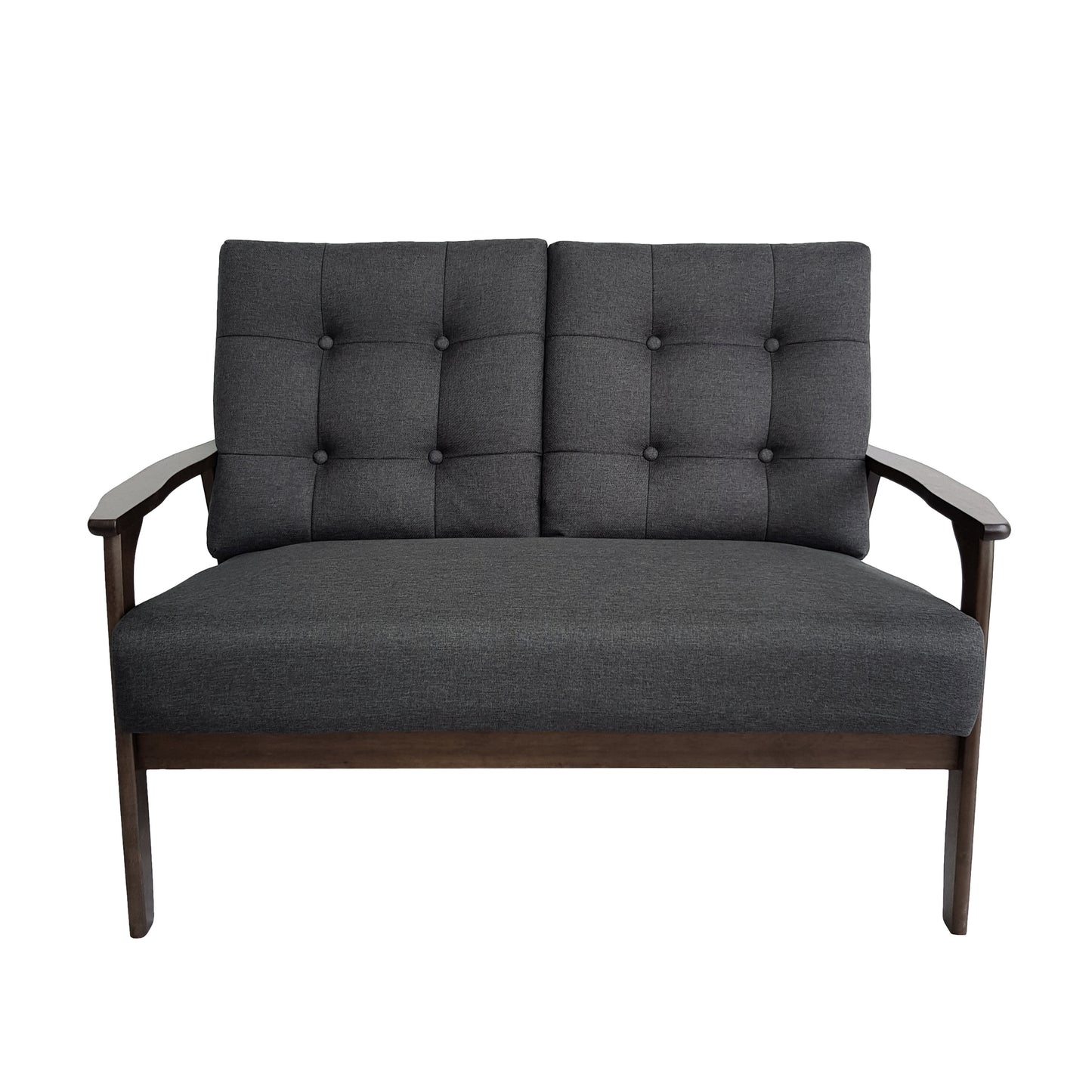 2-Person Sofa in Charcoal Gray – Button-Tufted Fabric Loveseat with Walnut Wood Legs | Infinity Bazaar