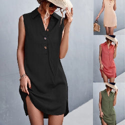 Women’s Sleeveless Cotton Linen Dress – Button Front Vest Style with Side Split | Infinity Bazaar