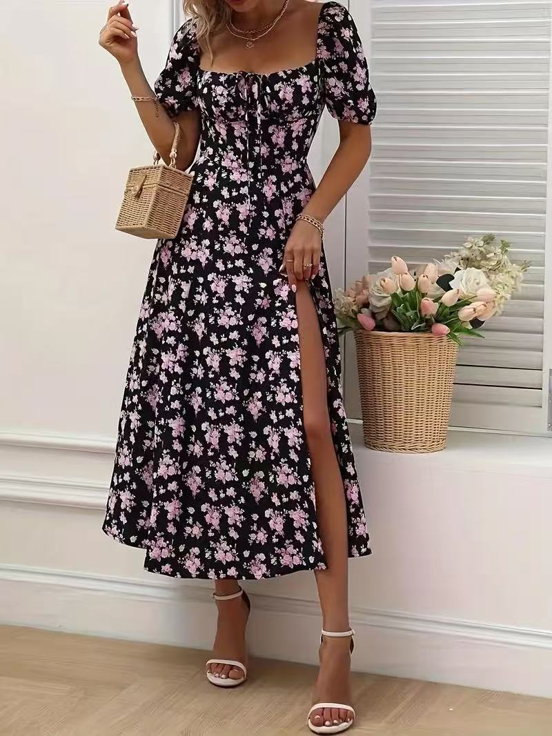 Women’s Floral Print Short Sleeve Split Long Summer Dress | Infinity Bazaar