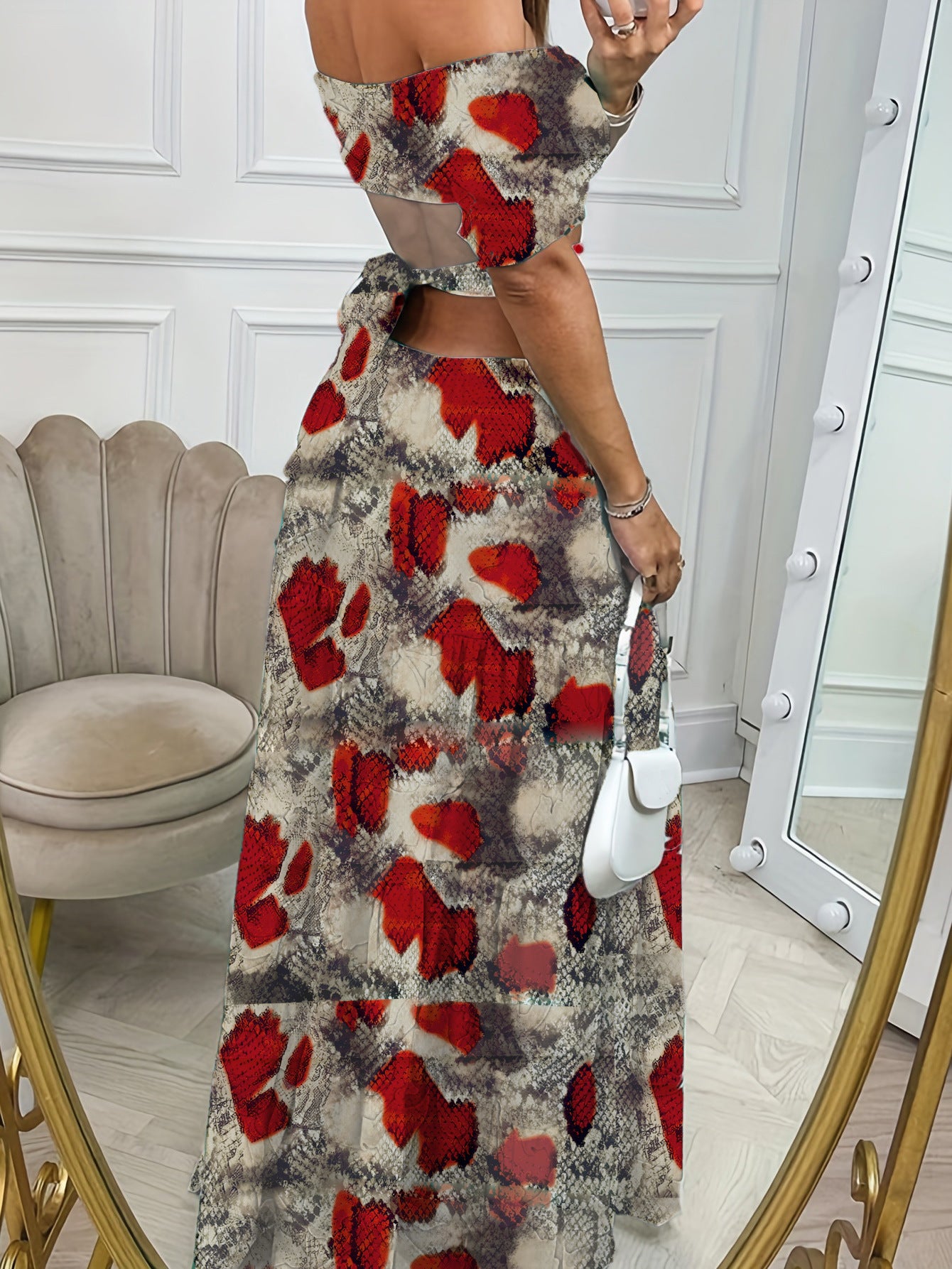 Women’s Floral Print Long Chiffon Dress with Hollow Waist and Collar Detail | Infinity Bazaar