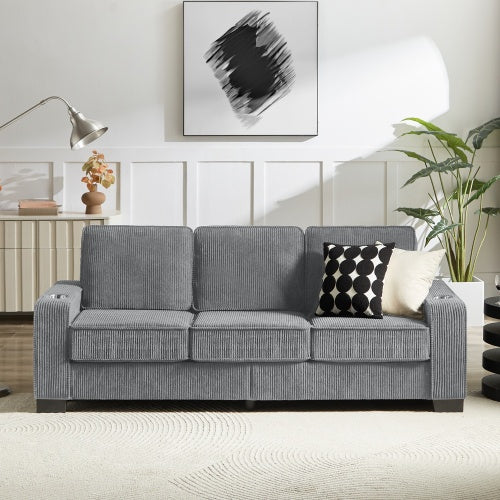 83.86" Modern 3-Seater Corduroy Fabric Sofa with Cup Holders – Compressed Living Room Couch for Home, Office, or Bedroom | Infinity Bazaar