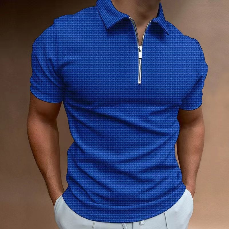 Summer Casual Slim Short Sleeve Zipper Stripe Lapel