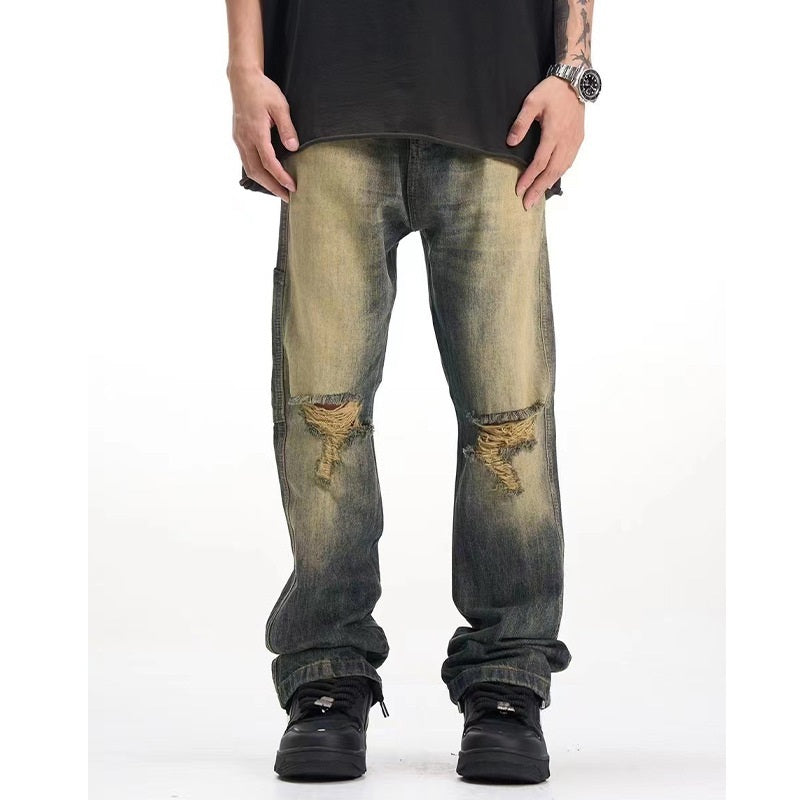 Retro Make Old Ripped Cement Yellow Jeans For Men